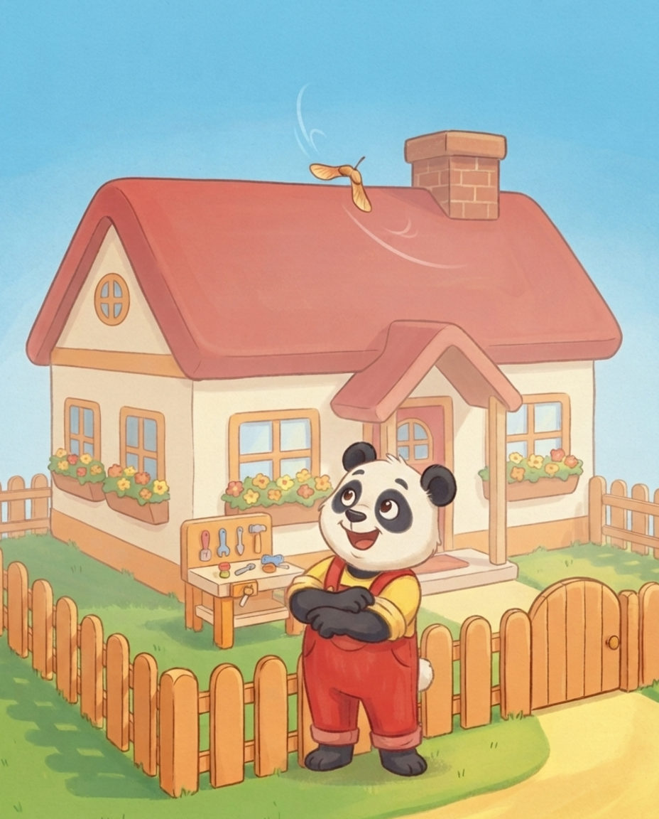 Pip kijkt met grote ogen omhoog naar een tollend zaadje dat als een kleine helikopter door de lucht van zijn zonnige tuin naar beneden draait.