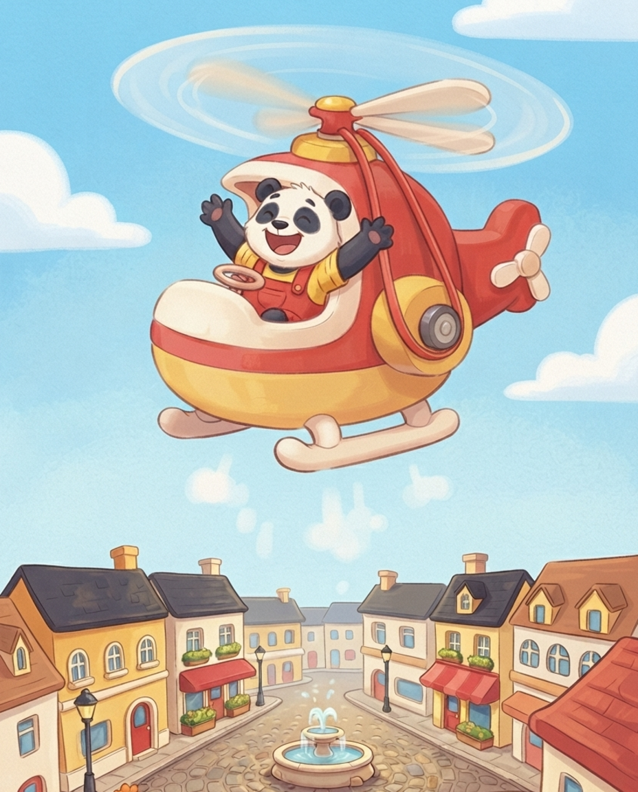 Pip vliegt juichend hoog in zijn zelfgebouwde helikopter boven de zonnige daken en fontein van Bamboezelo, met wolken om zich heen.