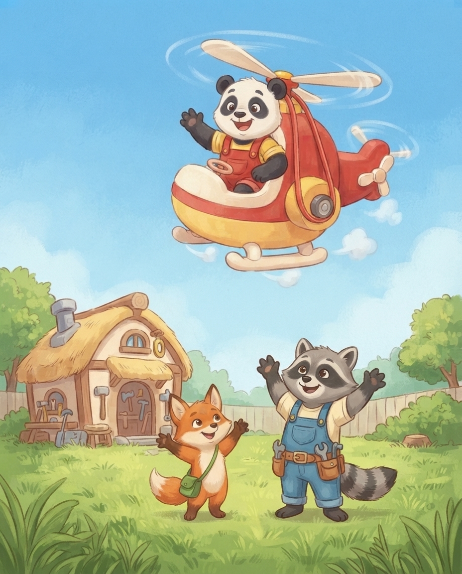 Pip zwaait trots vanuit zijn zwevende helikopter naar Fenna en Roos, die juichend van beneden bij de werkplaats terugzwaaien.