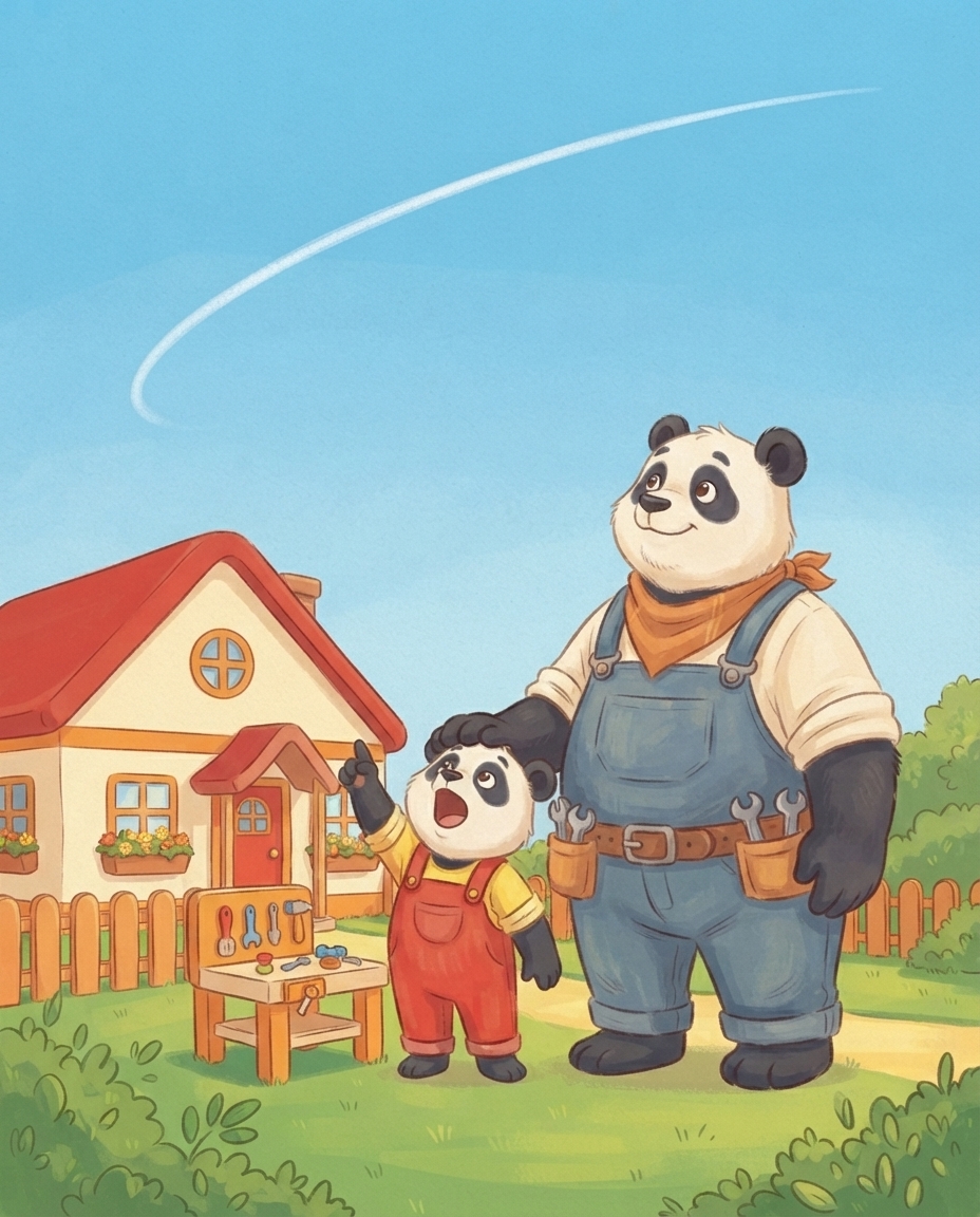 Pip wijst met open mond omhoog naar een lange witte streep in de blauwe lucht, terwijl Papa Panda naast hem meekijkt.