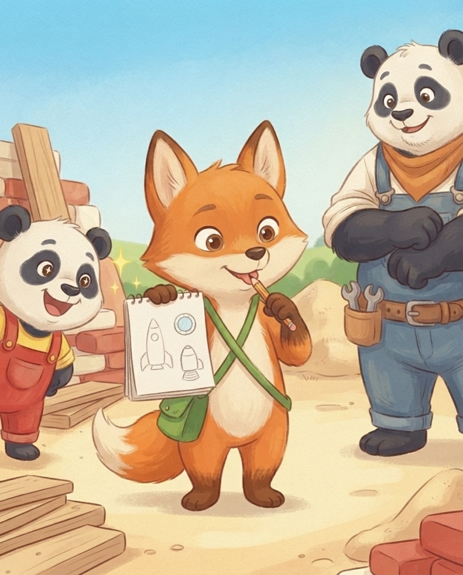 Fenna houdt haar opengeslagen notitieboekje omhoog met drie tekeningetjes van raketonderdelen, terwijl Pip meekijkt en Papa Panda zijn mouwen opstroopt.