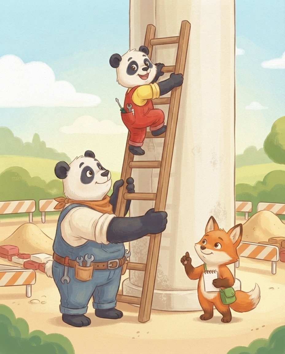 Pip klimt een paar sporten omhoog op een ladder tegen de grote buis, terwijl Papa Panda de ladder vasthoudt en Fenna op haar poot meetelt.