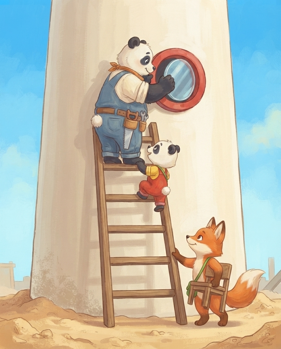 Hoog op de ladder zet Papa Panda glas in het ronde raampje van de raket, terwijl Pip een paar sporten lager meekijkt en Fenna onderaan de ladder vasthoudt met het stoeltje onder haar arm.