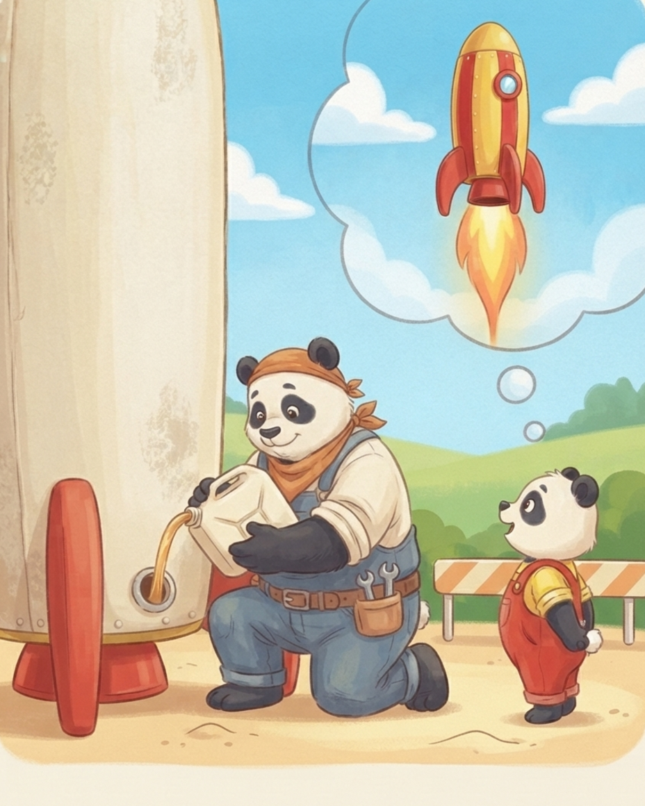 Papa Panda giet knielend brandstof in de motor terwijl Pip toekijkt, en in een droombel erboven schiet een grote warme vlam naar beneden uit de tuit van de raket.