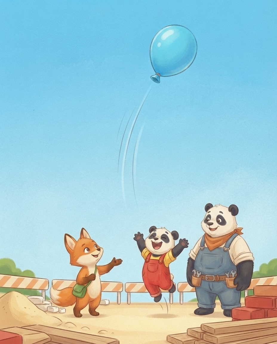 Een blauwe ballon schiet omhoog door de lucht terwijl Pip juichend opspringt en Fenna en Papa Panda hem nakijken.