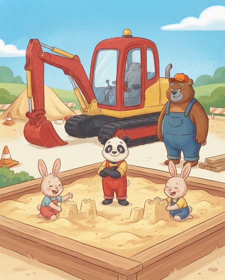 Pip speelt lachend met vriendjes in de kant-en-klare zandbak terwijl Opa Beer bij de graafmachine toekijkt en Pip zijn mouwen weer naar beneden stroopt.