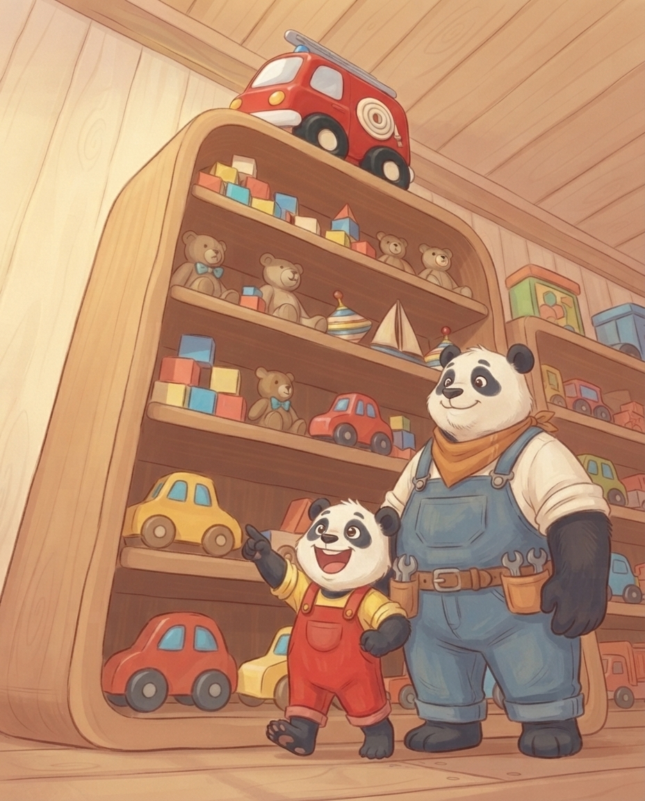 Vanuit kikkerperspectief kijken Pip en Papa Panda omhoog langs de hoge speelgoedkast naar de grote rode brandweerwagen helemaal bovenop, terwijl Pip opgewonden wijst.