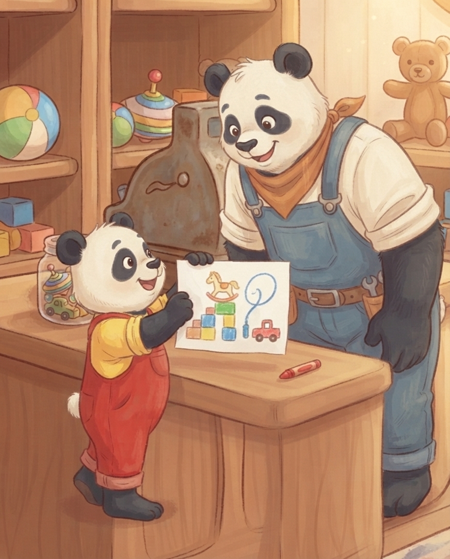 Pip houdt trots zijn tekening omhoog voor Papa Panda: een trapje van blokken, een hobbelpaard en een springtouw dat naar een rode brandweerwagen reikt.