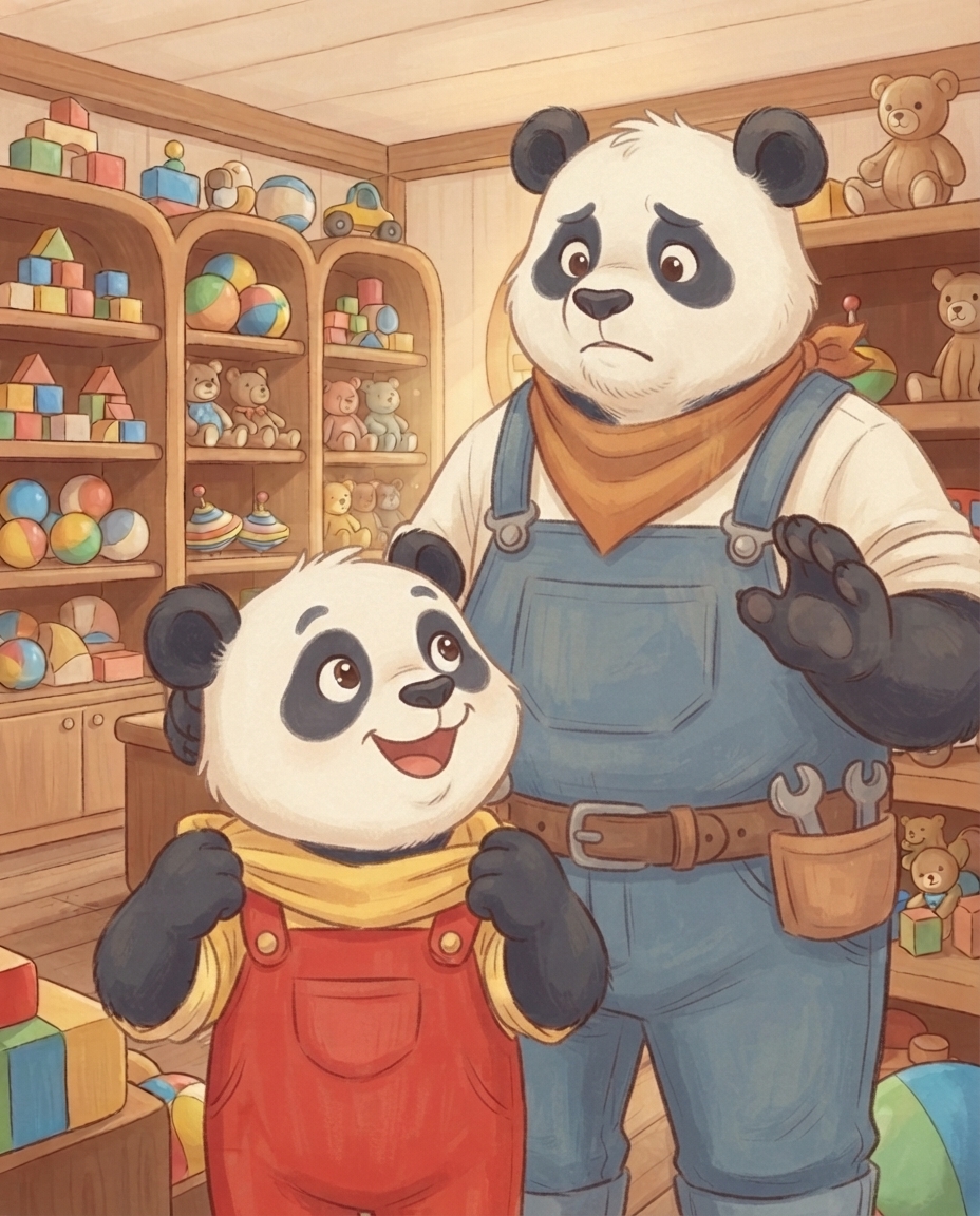 Close-up van een vrolijke Pip die zijn gele mouwen opstroopt, terwijl Papa Panda achter hem bezorgd kijkt en aarzelend een poot optilt.
