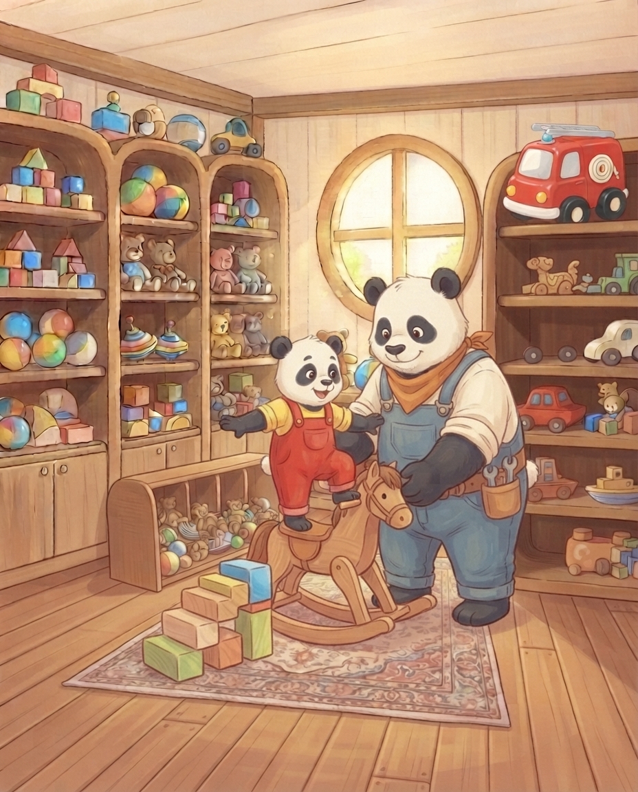 Pip staat wiebelend op een hobbelpaard naast een trapje van gestapelde blokken, terwijl Papa Panda het paard met één grote poot vasthoudt.