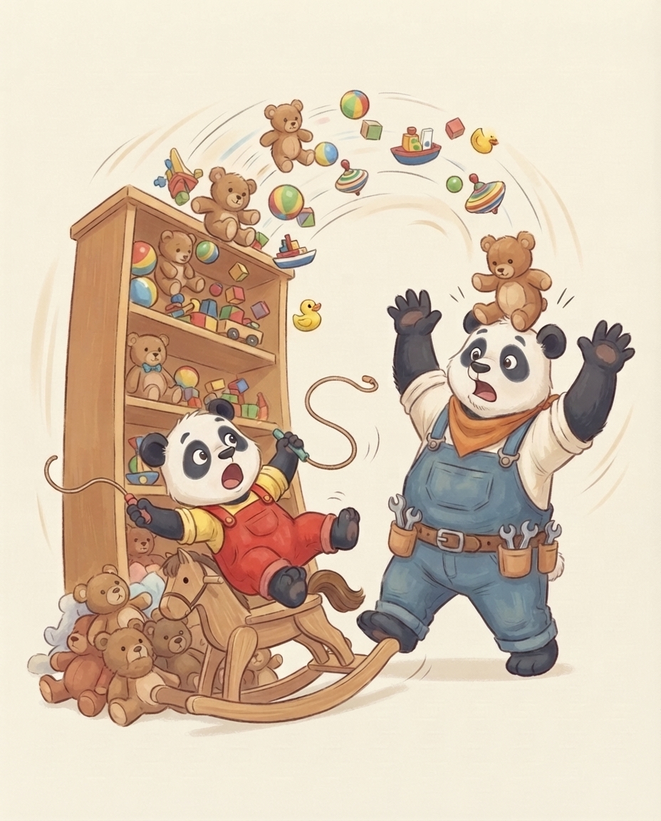 Precies op het moment dat het misgaat: de kast kiept om, knuffels, ballen, blokken en een badeendje vliegen door de lucht, Pip tuimelt van het hobbelpaard en er valt een beer op papa's hoofd.