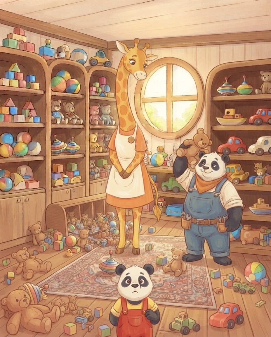Giraf Gwen buigt haar lange nek rustig en vriendelijk over het omgevallen speelgoed, terwijl Pip bezorgd omhoog kijkt en Papa Panda grinnikend een beer van zijn hoofd haalt.