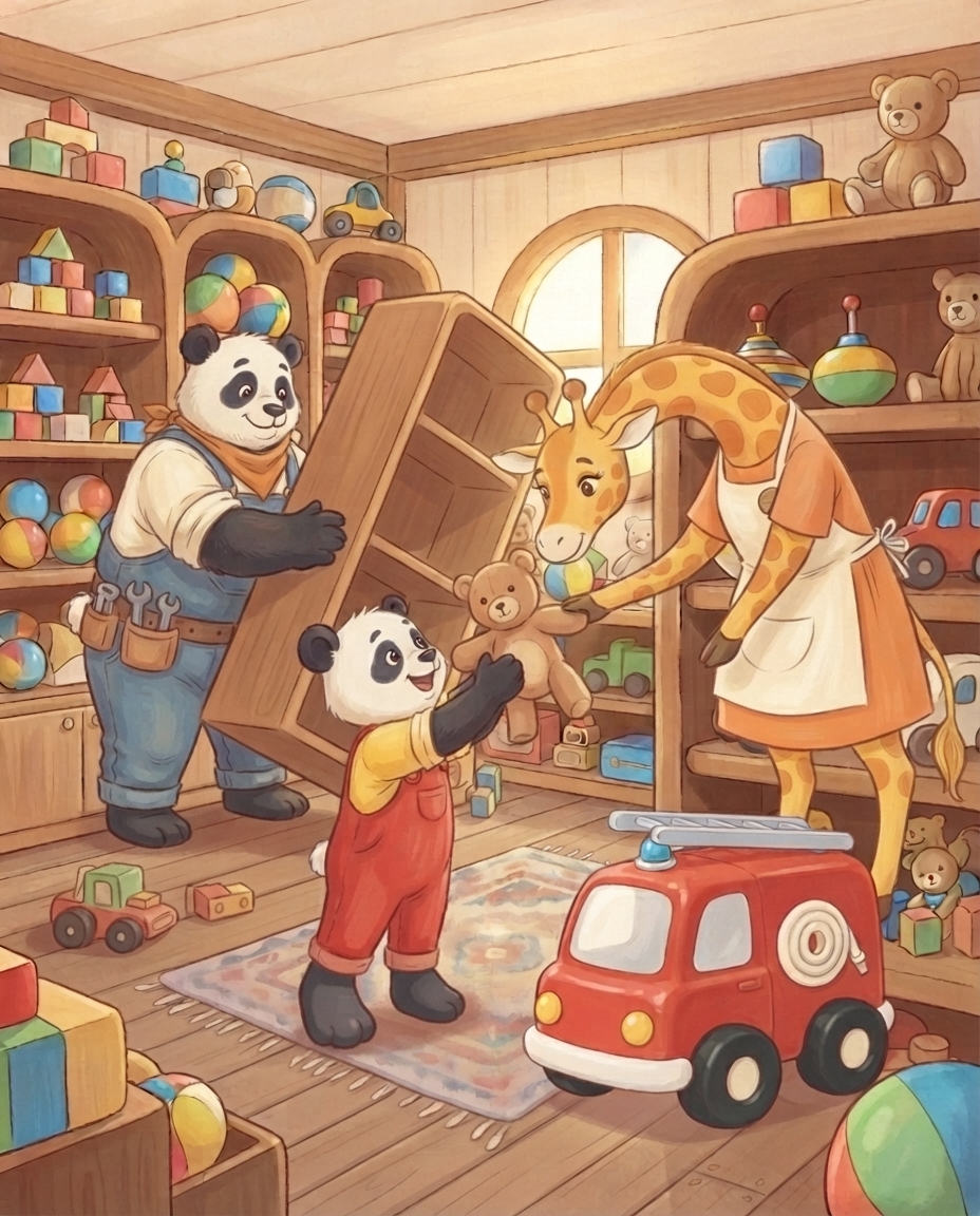 Papa Panda en giraf Gwen zetten samen de omgevallen kast overeind, terwijl Pip op zijn tenen een knuffelbeer aan Gwen geeft en zijn brandweerwagen naast hem staat.