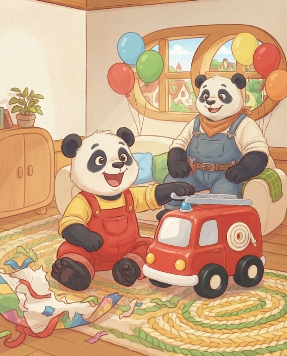 Op zijn verjaardag zit Pip tussen gescheurd cadeaupapier naast zijn rode brandweerwagen, met zijn mouwen weer naar beneden, terwijl Papa Panda glimlachend op de bank zit.