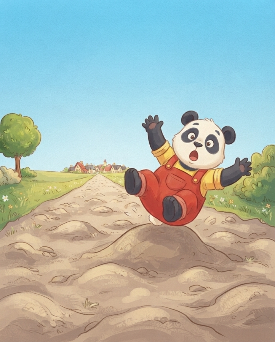Pip de panda struikelt over een dikke bult in de hobbelige dorpsweg en tuimelt onderuit.