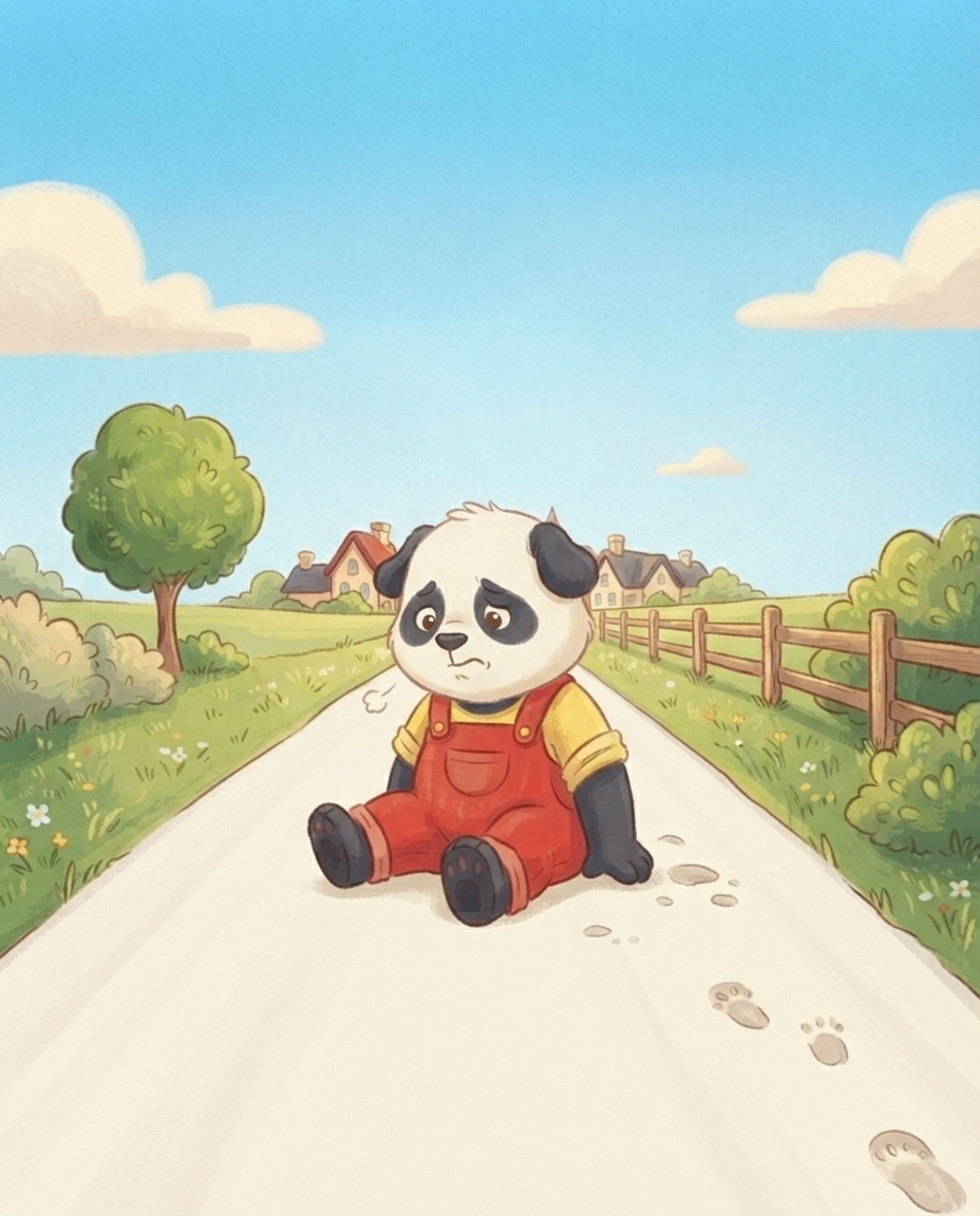 Pip is uitgegleden en zit teleurgesteld op zijn billen op de verse weg, met deukjes van zijn voetjes ernaast.