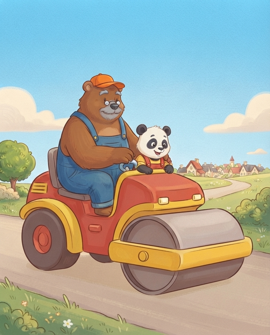 Pip loopt rustig naast de wals mee en wijst een bult aan voor Opa Beer, met een gladde weg achter de rol.