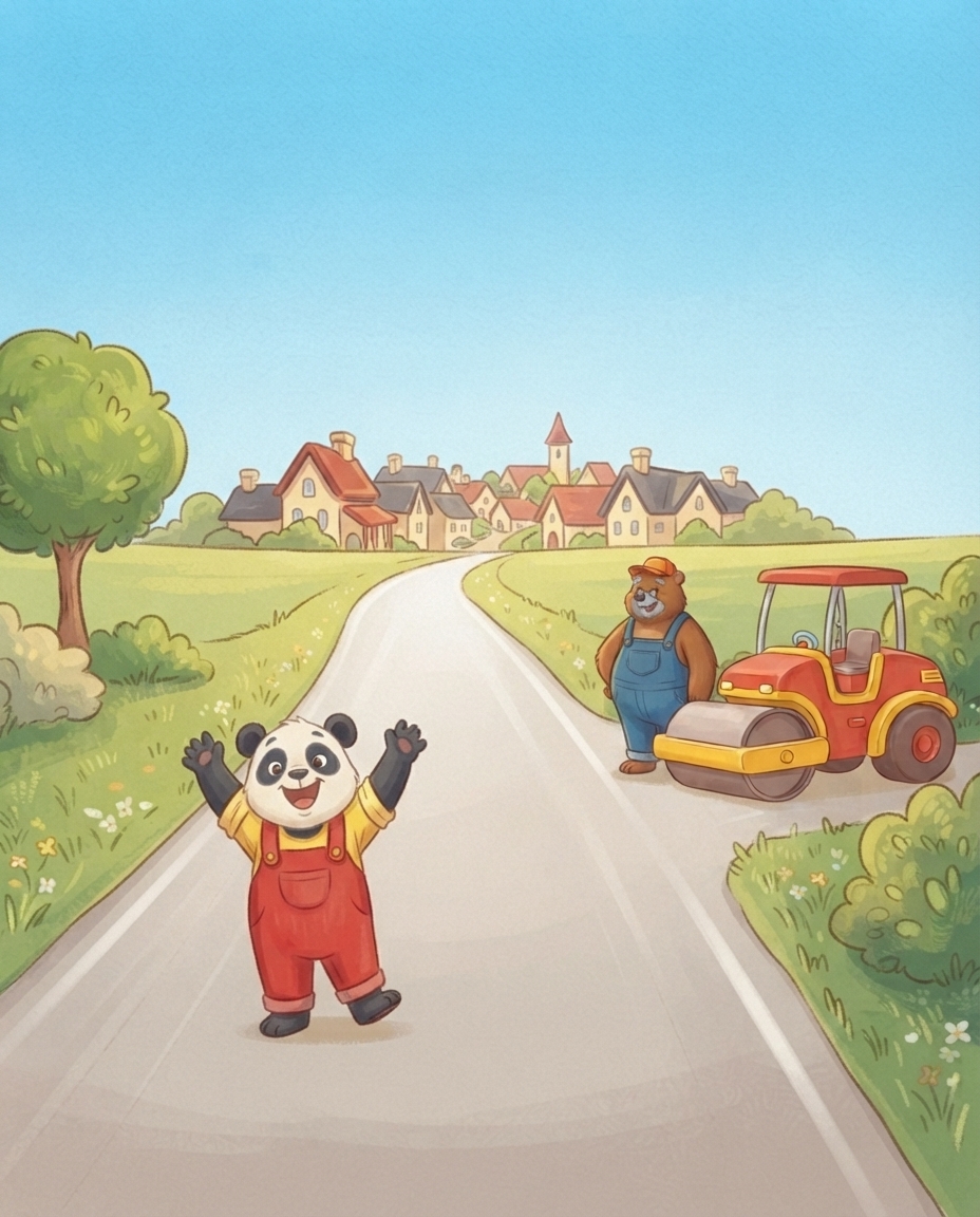 De hele dorpsweg ligt spiegelglad in de zon en Pip juicht opgelucht met beide armen omhoog.