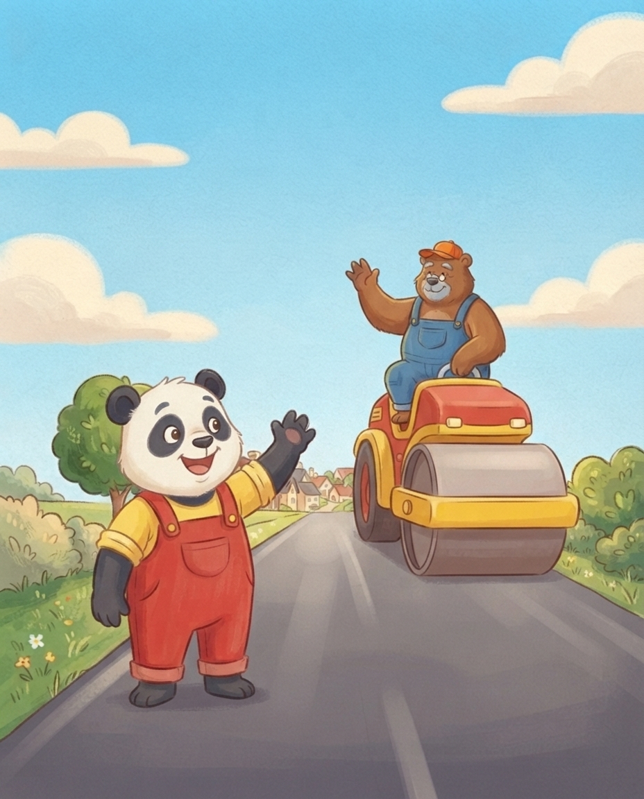 Pip stroopt zijn mouwen weer naar beneden en zwaait naar Opa Beer en de grote wals op de gladde weg.