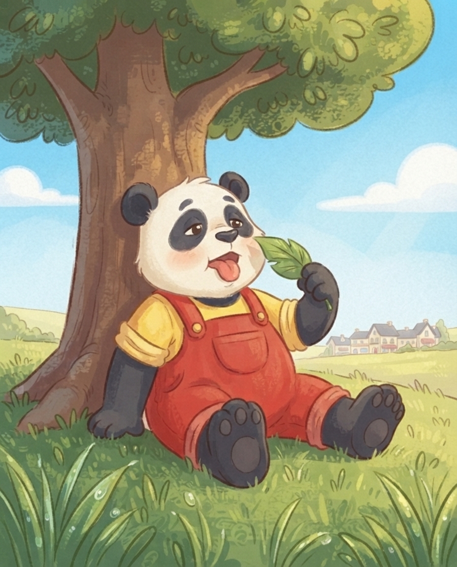 Pip zit uitgeteld in de schaduw onder de grote boom en wappert met een blad, zijn poten in het natte gras.