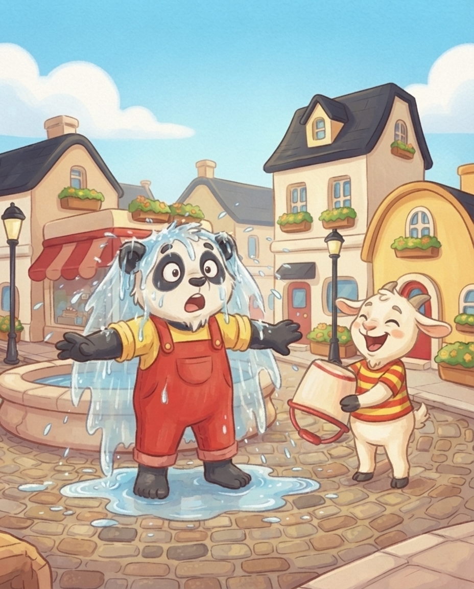 Guus lacht met een omgekeerde lege emmer terwijl een grote plons water over de kletsnatte Pip klettert.
