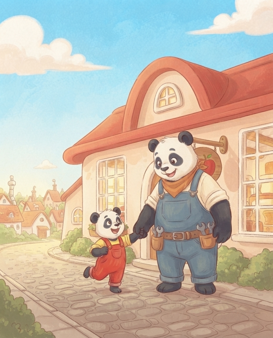 Pip huppelt opgewonden voor de vrolijke appelmoesfabriek terwijl Papa Panda naast hem zijn poot vasthoudt.