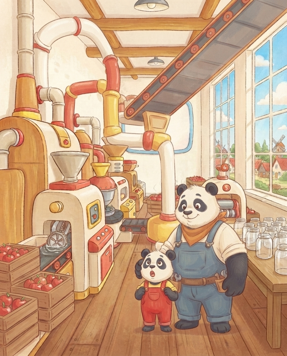 Pip kijkt met wijd open mond omhoog naar de grote glimmende appelmoesmachine met buizen en een lopende band, met Papa Panda naast zich.