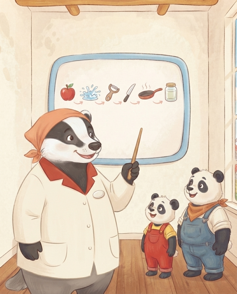 Gids Dot de Das wijst met haar stok naar een groot scherm met zes plaatjes van appel tot volle pot, terwijl Pip en Papa Panda toekijken.