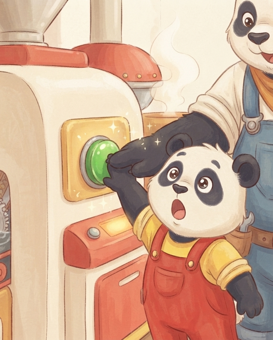 Close-up van Pip die met grote ogen zijn pootje op de grote groene knop drukt, met Papa Panda's poot over de zijne.