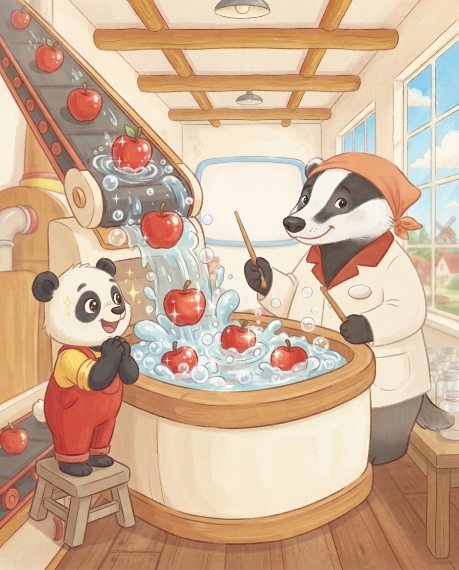 Rode appels rollen in een waterbad aan het begin van de machine en worden schoongespoeld, terwijl Pip kijkt en Dot wijst.