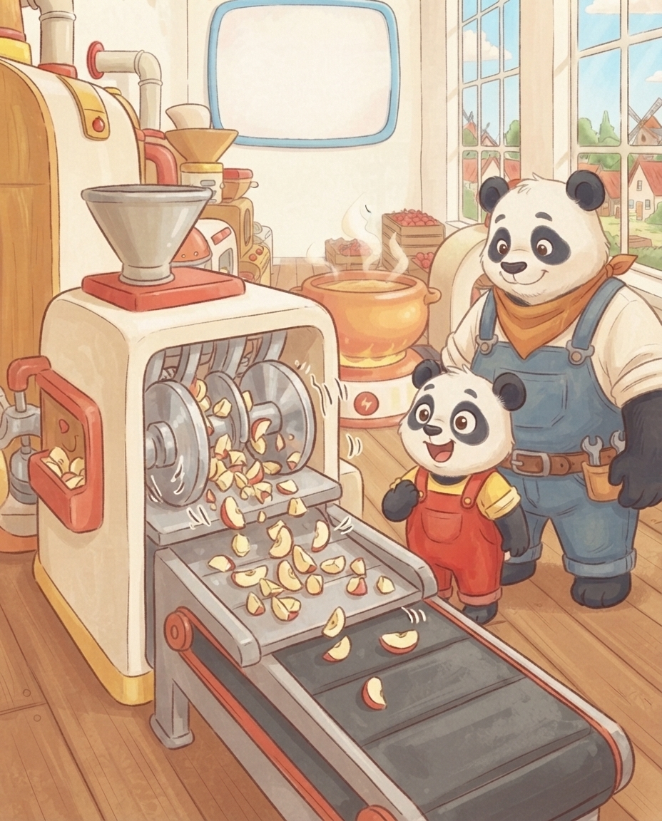 Bij het snij-station hakken ronde messen de appels in kleine stukjes die op de lopende band vallen, terwijl Pip en Papa Panda meekijken.