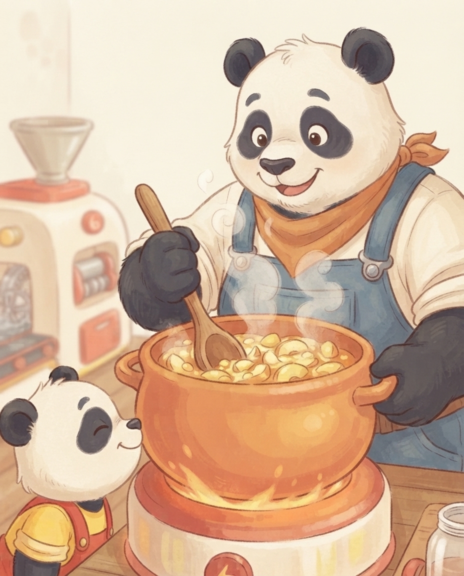 Close-up van Papa Panda die met een houten lepel de appelstukjes in de warme pan roert terwijl Pip met gesloten ogen de zoete geur opsnuift.