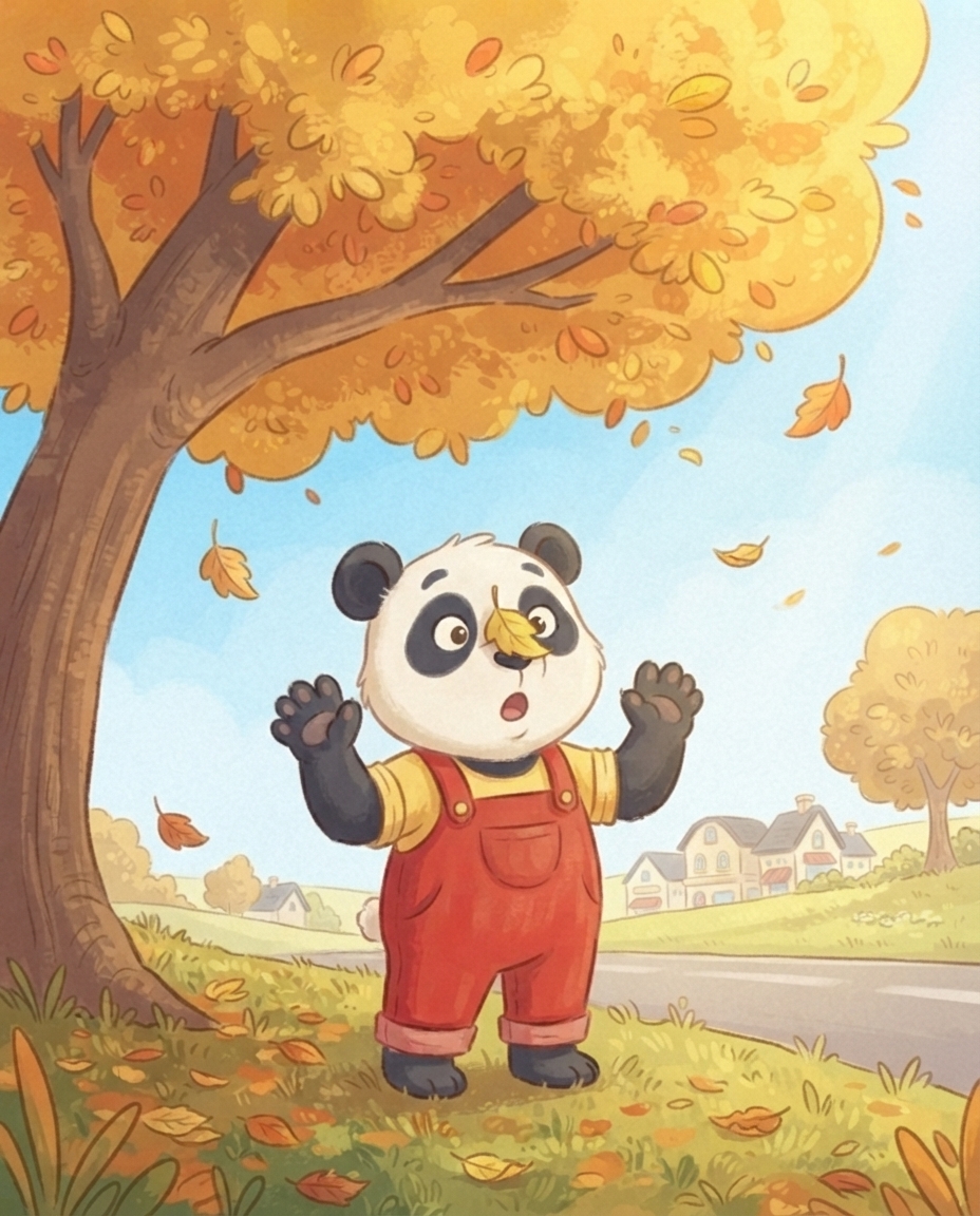 Pip staat in de zonnige berm onder de grote herfstboom en kijkt scheel naar het gele blaadje dat precies op zijn neus is geland, terwijl er meer blaadjes omlaag dwarrelen.