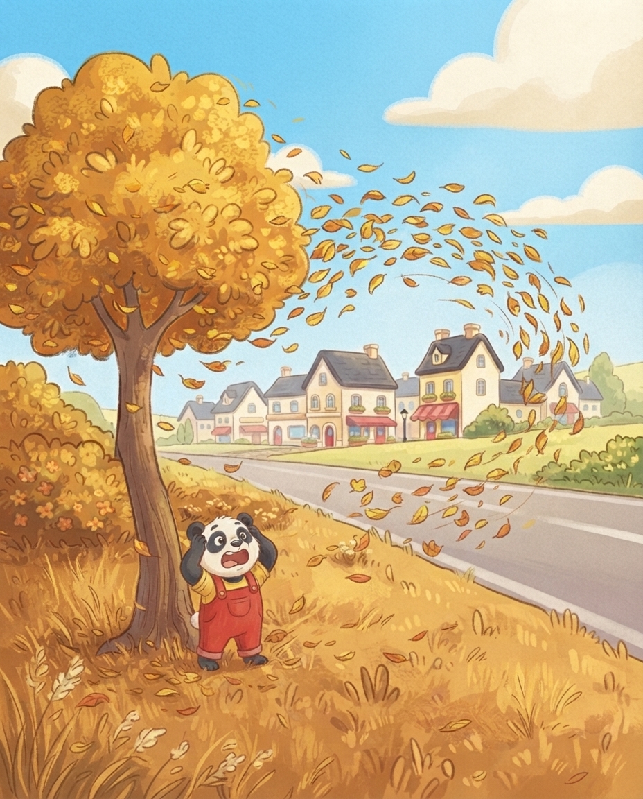 Een vrolijke windvlaag blaast een hele wolk gele en oranje blaadjes van de grote boom, terwijl kleine Pip onderaan met open mond zijn hoofd vasthoudt.