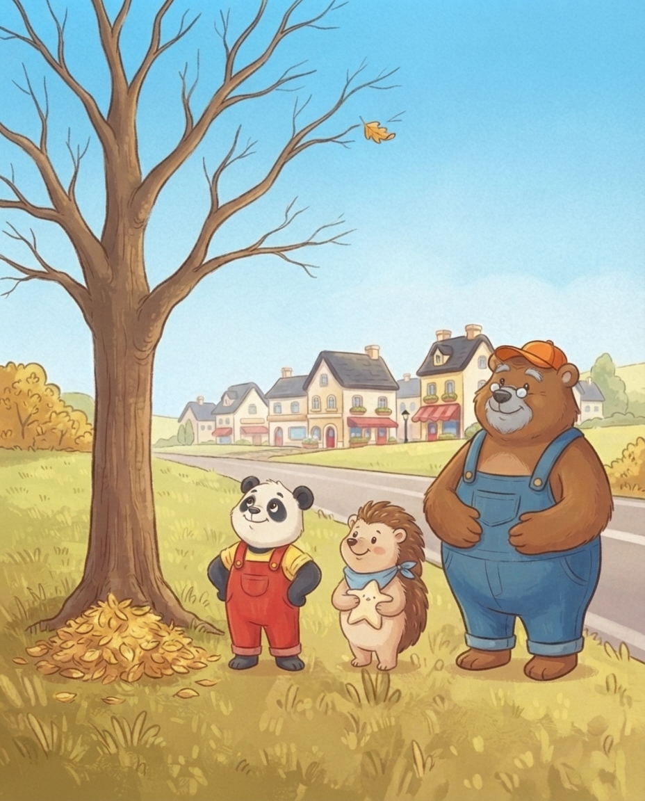 Pip staat tevreden met zijn handen in zijn zij en zijn mouwen weer naar beneden onder de kale boom met één laatste geel blaadje, met Egon naast zich en Opa Beers poot op zijn schouder.