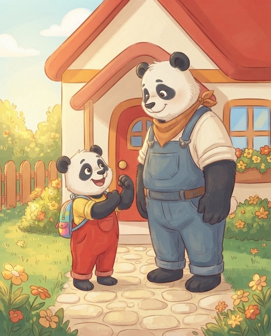 Pip staat met een klein rugzakje bij de rode voordeur en stroopt zijn mouwen op, terwijl grote Papa Panda bij de deur op hem wacht in de ochtendzon.
