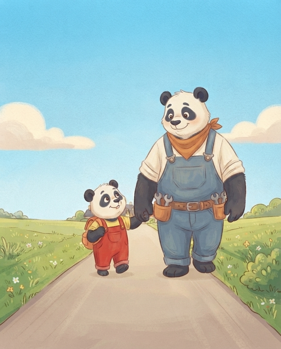Pip loopt hand in hand met grote Papa Panda over de zonnige landweg naar het dorp, met een rugzakje om en een blik vol verwachting.