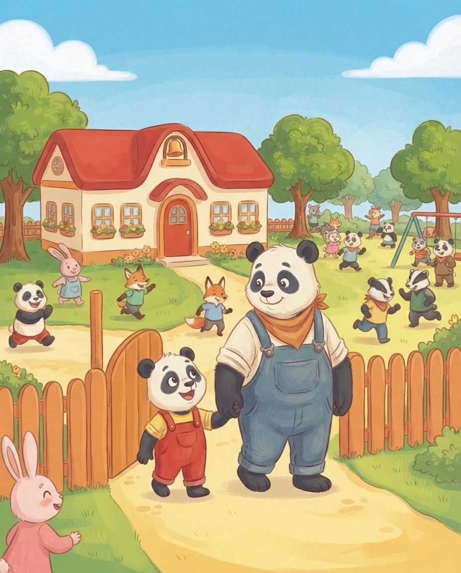 Pip loopt hand in hand met grote Papa Panda het schoolhek door en kijkt met grote ogen omhoog naar de grote, vrolijke school vol spelende dieren.