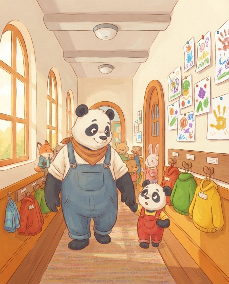 Pip loopt dicht tegen grote Papa Panda aan door de drukke, kleurige schoolgang en knijpt zijn hand stevig vast, met grote ogen om zich heen kijkend.