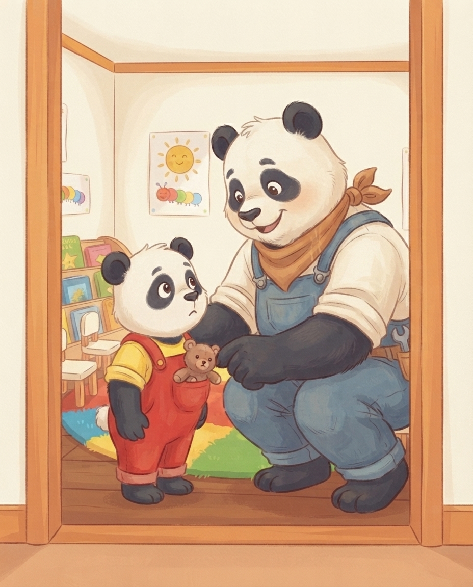 Papa Panda zit gehurkt op ooghoogte bij de klasdeur en stopt een klein knuffeltje in Pips zak, terwijl Pip met grote, bange ogen luistert.