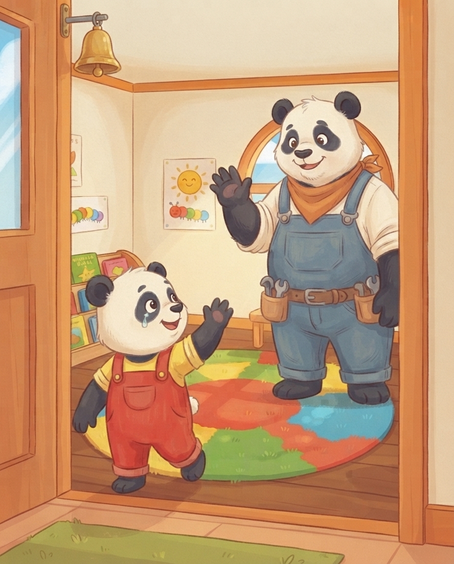 Pip staat in de klasdeur en zwaait dapper naar Papa Panda met een klein traantje op zijn wang, terwijl de schoolbel rinkelt en hij de klas in stapt.