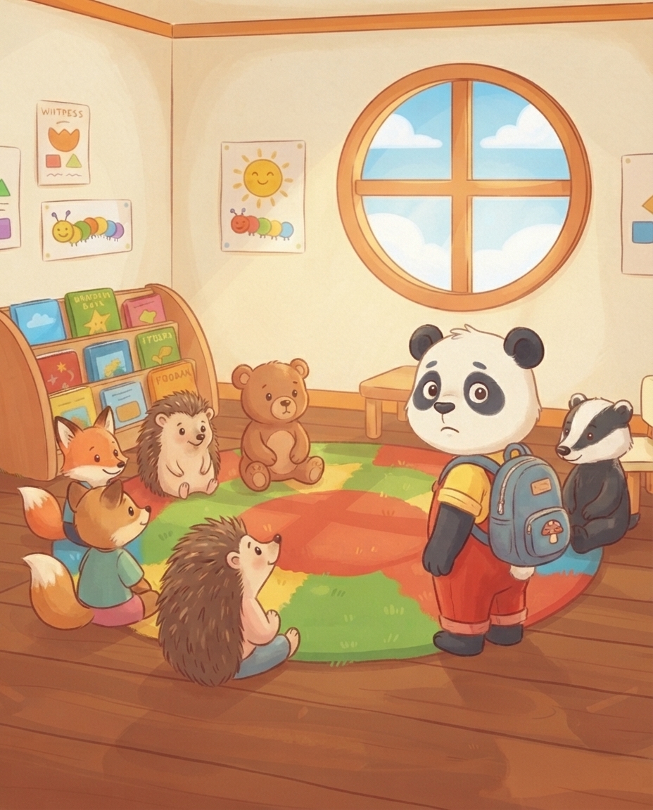 Piepkleine Pip staat alleen in de klas tussen onbekende dieren bij de kring-mat en kijkt onzeker met grote ogen om zich heen.
