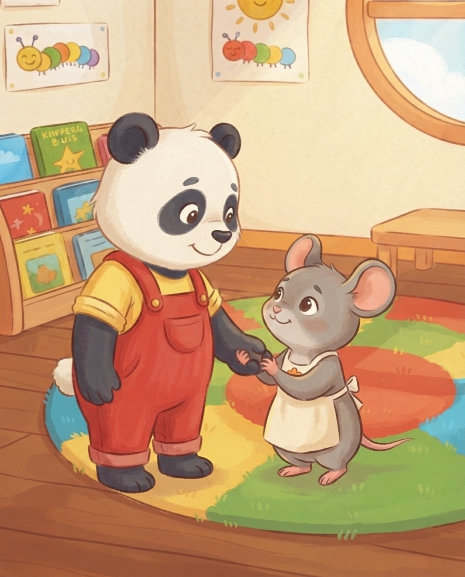De piepkleine Mimi pakt zacht Pips pootje vast en leidt hem met een bemoedigend lachje naar de ronde kring-mat in de klas, en Pip kijkt opgelucht.
