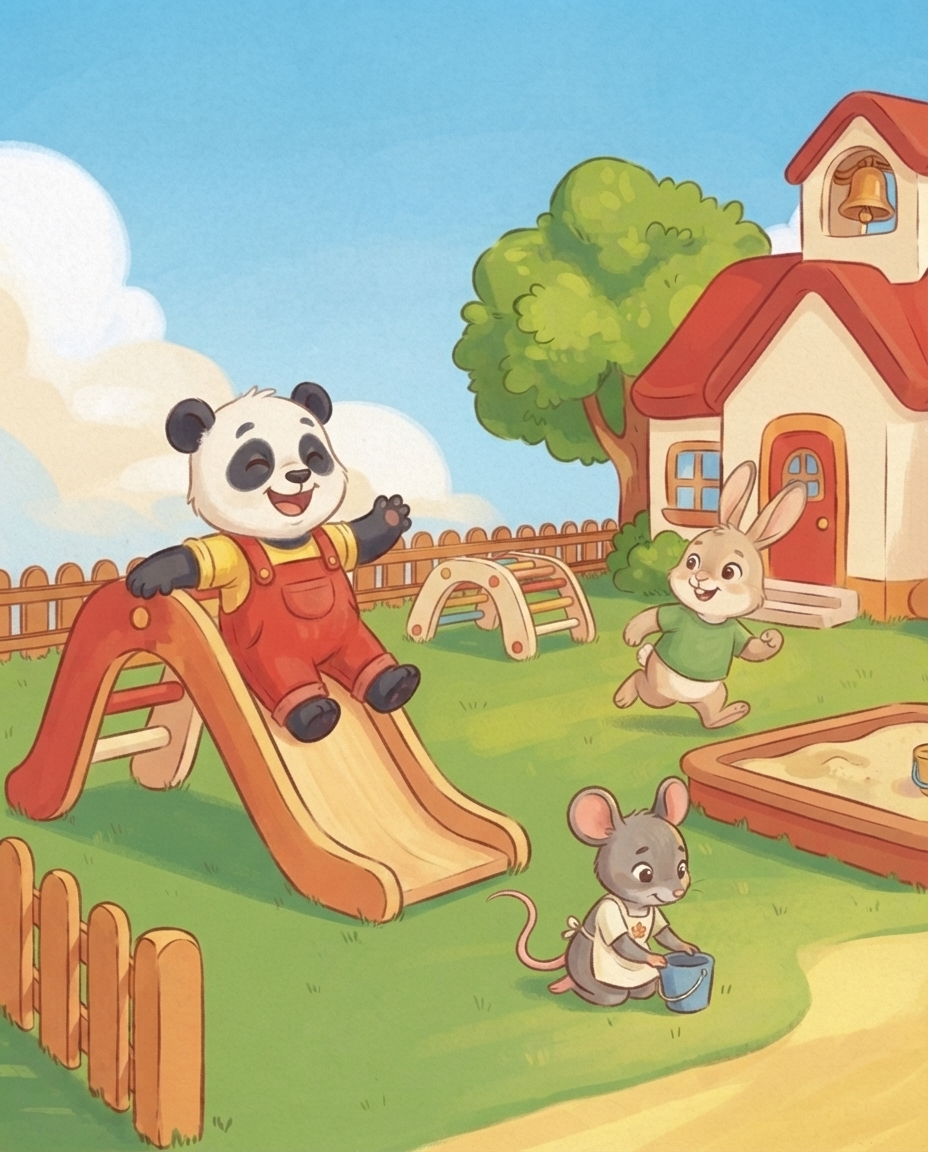 Pip speelt vrolijk met de kleine Mimi en het konijntje Joep op het zonnige schoolplein met speeltoestellen, rennend en lachend.