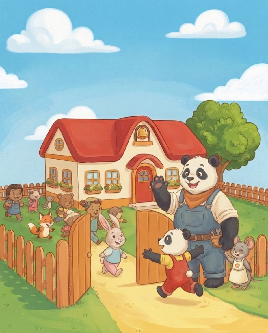 Een vrolijke stroom dieren rent de school uit door het hek, terwijl Papa Panda zwaait en Pip juichend naar hem toe rent en de kleine Mimi op de achtergrond nazwaait.