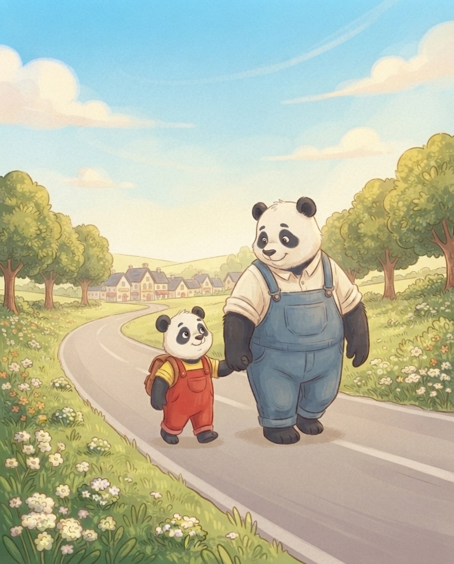 Pip loopt tevreden hand in hand met grote Papa Panda over de zonnige weg terug naar huis en stroopt trots zijn mouwen weer naar beneden.