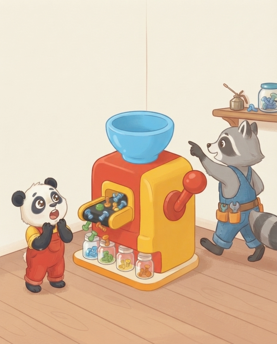 Pip kijkt met grote ogen omhoog naar Roos' grote sorteermachine.