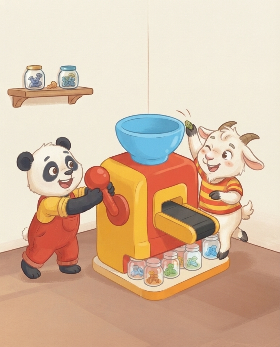 Guus stopt stiekem een nootje in de machine terwijl Pip hard aan de hendel trekt.