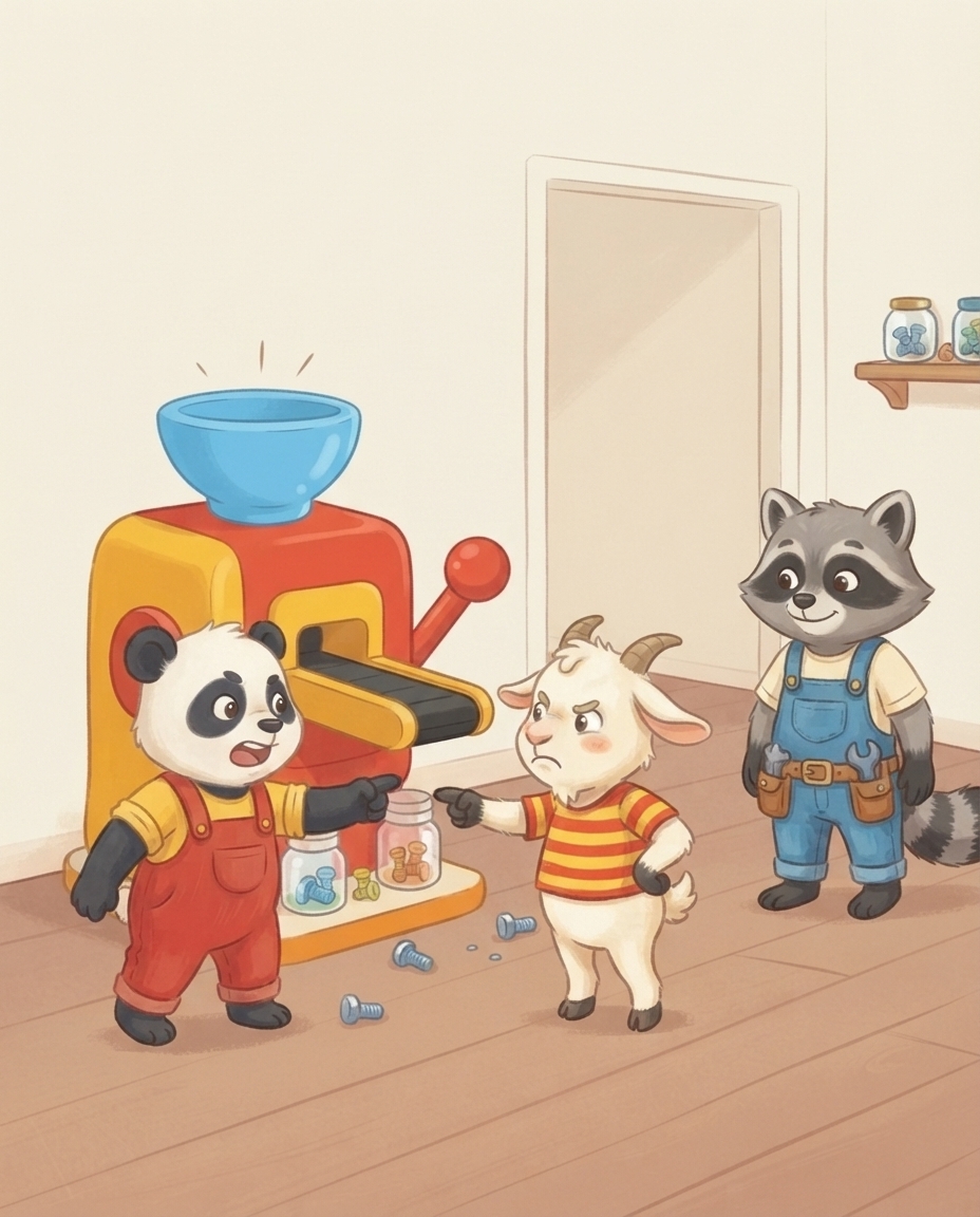 Pip en Guus wijzen boos naar elkaar terwijl Roos rustig in de deur staat.