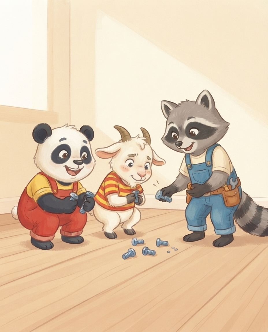 Pip, Guus en Roos rapen samen glimlachend de laatste schroefjes op.